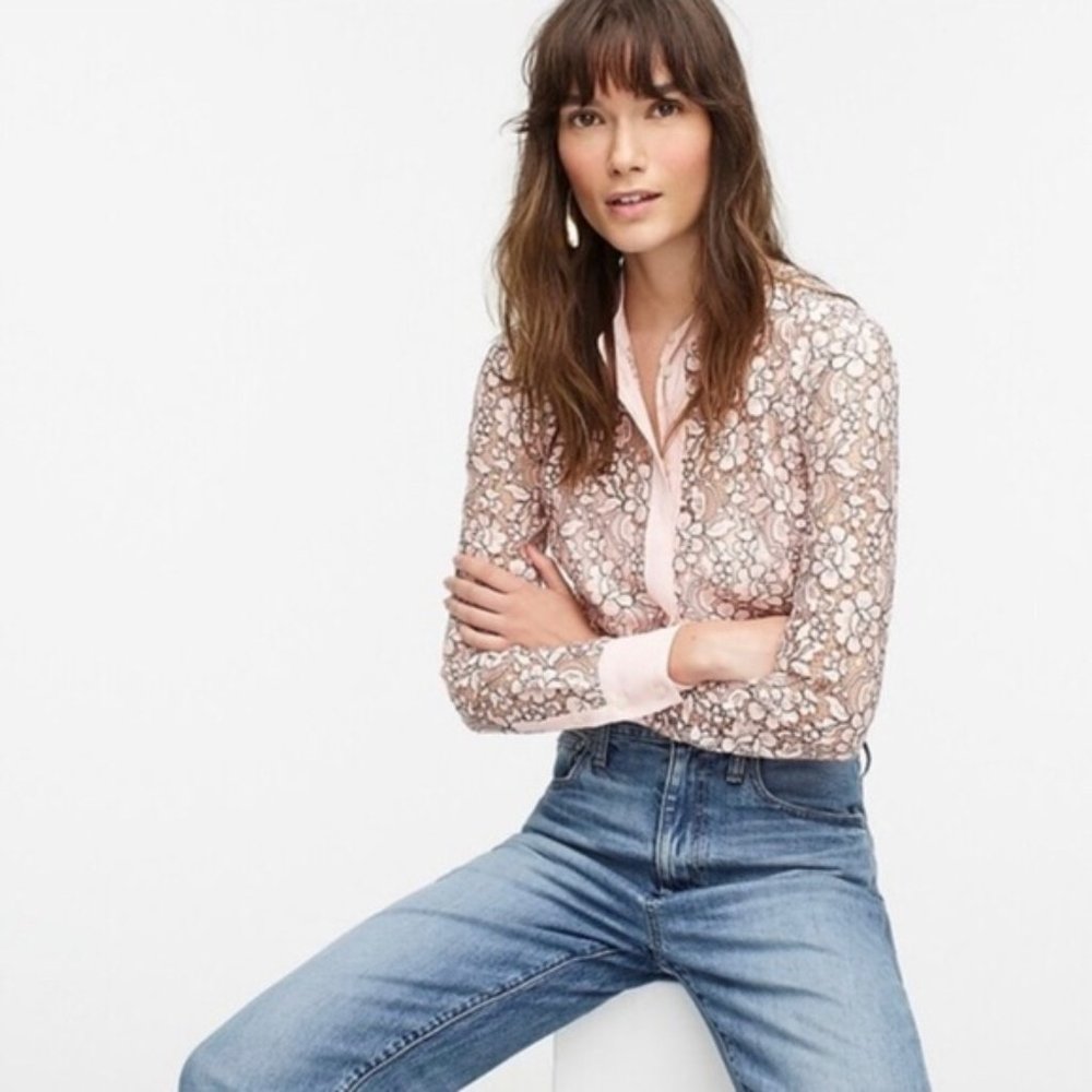 J. Crew Pink Blush Button Up Floral Lace Top